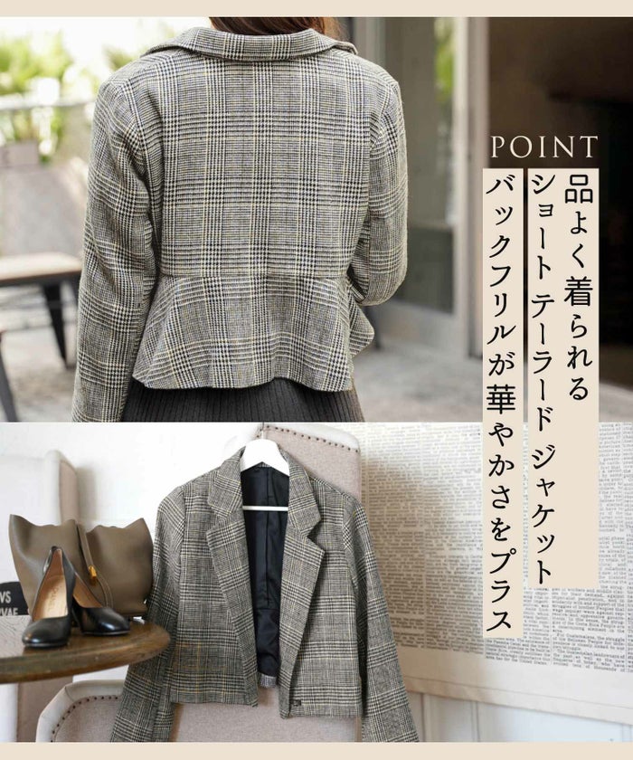レディース/ジャケット/アウター/グレンチェック/チェック/ショート丈/秋/テーラード/長袖/ピンク/ブラウン/クラシカル/上品/大人可愛い