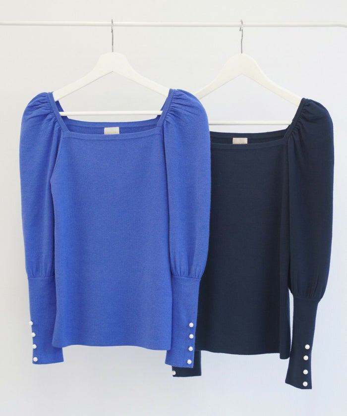 大人気/新色/手洗い可/スクエアネック/パフスリーブ/袖パール/上品/きれいめ