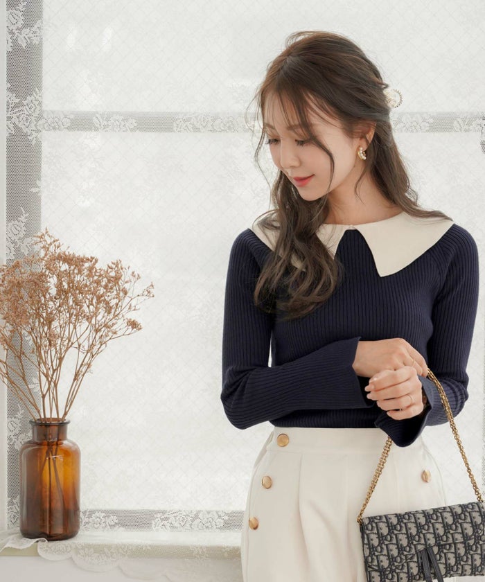 手洗い可/レディース/トップス/ニット/プルオーバー/リブ/フラットカラー/ボタンダウン/前後/2way/秋/冬/長袖/アイボリー/ブラウン/ブラック/