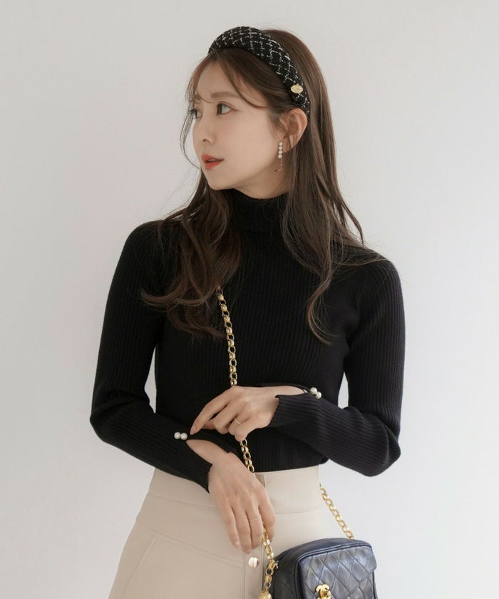 手洗い可/レディース/トップス/ニット/プルオーバー/リブ/タートルネック/スリット/パール/秋/冬/長袖/アイボリー/ブルーグレー/ブラウン/ブラック/