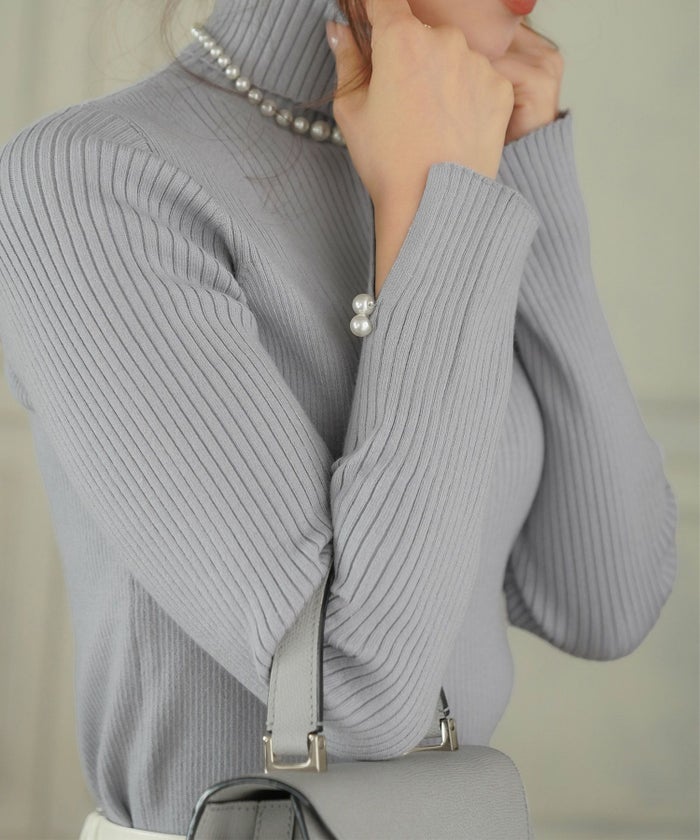 手洗い可/レディース/トップス/ニット/プルオーバー/リブ/タートルネック/スリット/パール/秋/冬/長袖/アイボリー/ブルーグレー/ブラウン/ブラック/