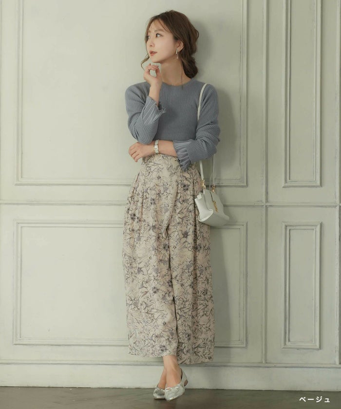 手洗い可/レディース/ボトムスボトムス/パンツ/テーパード/センタープレス/フルレングス/フリル/リボン/秋/冬/ピンクベージュ/ブルーグレー/ブラック/