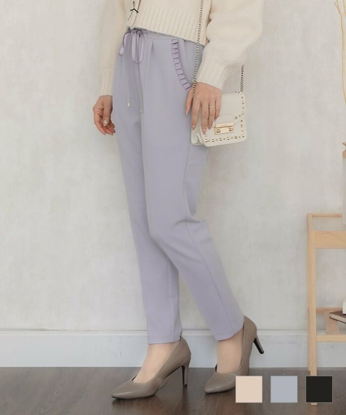 テーパードパンツ ストレッチ タックフリル le reve vaniller 全3色