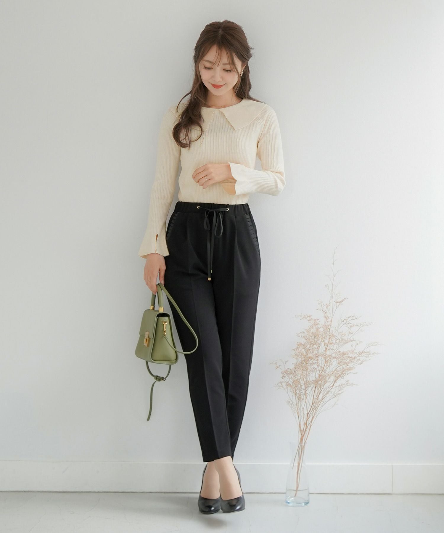 テーパードパンツ ストレッチ タックフリル le reve vaniller 全3色