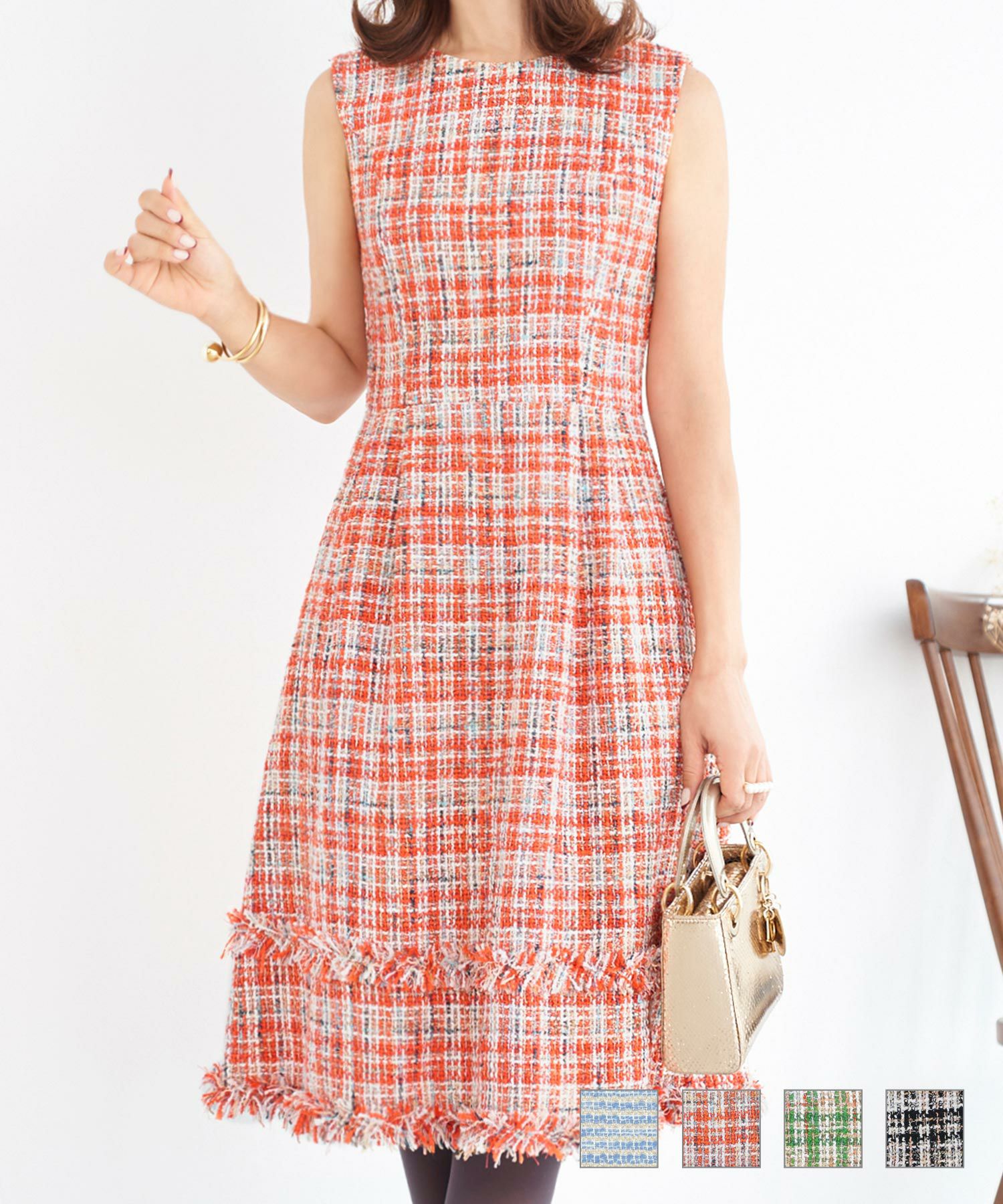 ワンピース ツイード 裾フリンジ Prima Scherrer 全4色｜psc312-0467