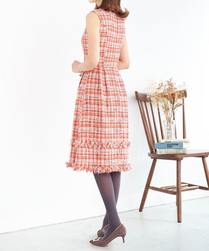 プリマシェレル/PrimaScherrer/レディース/ワンピース/ノースリーブ/膝下丈/フリンジ/フィット＆フレア/S/M/オレンジ/グリーン/ブラック