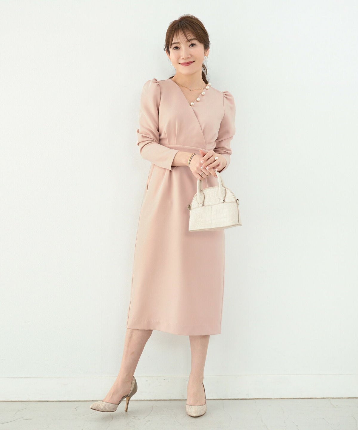 newcolor/オケージョン/とろみ素材/パール/ポケット/9分袖/美ライン/肩タック/