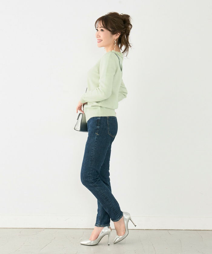 手洗い可/長袖/上品/ミドルゲージ/ツイード襟/ミント/グレー/ブラック/袖リブ/エレガント/シンプル/着回し