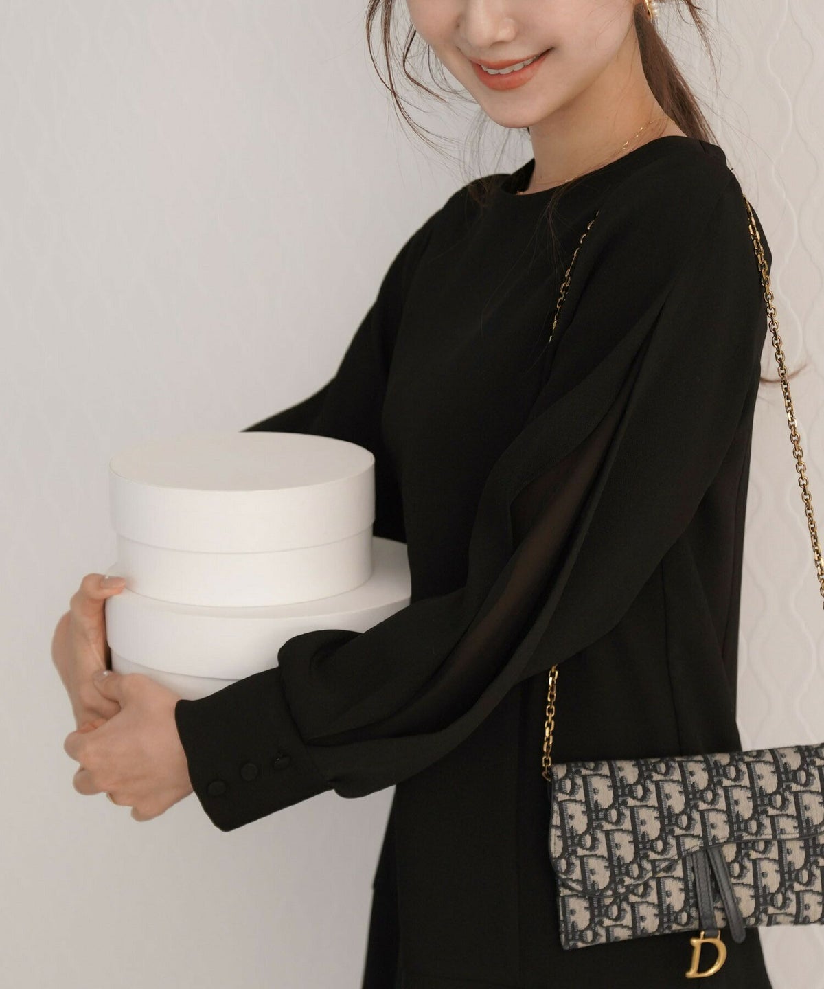 レディース/ワンピース/秋/冬/シフォン/くるみボタン/シアー/スリットスリーブ/カフス/長袖/ベージュ/ブラウン/カーキ/ブラック/セピア/クラシカル/フェミニンシック/大人可愛い