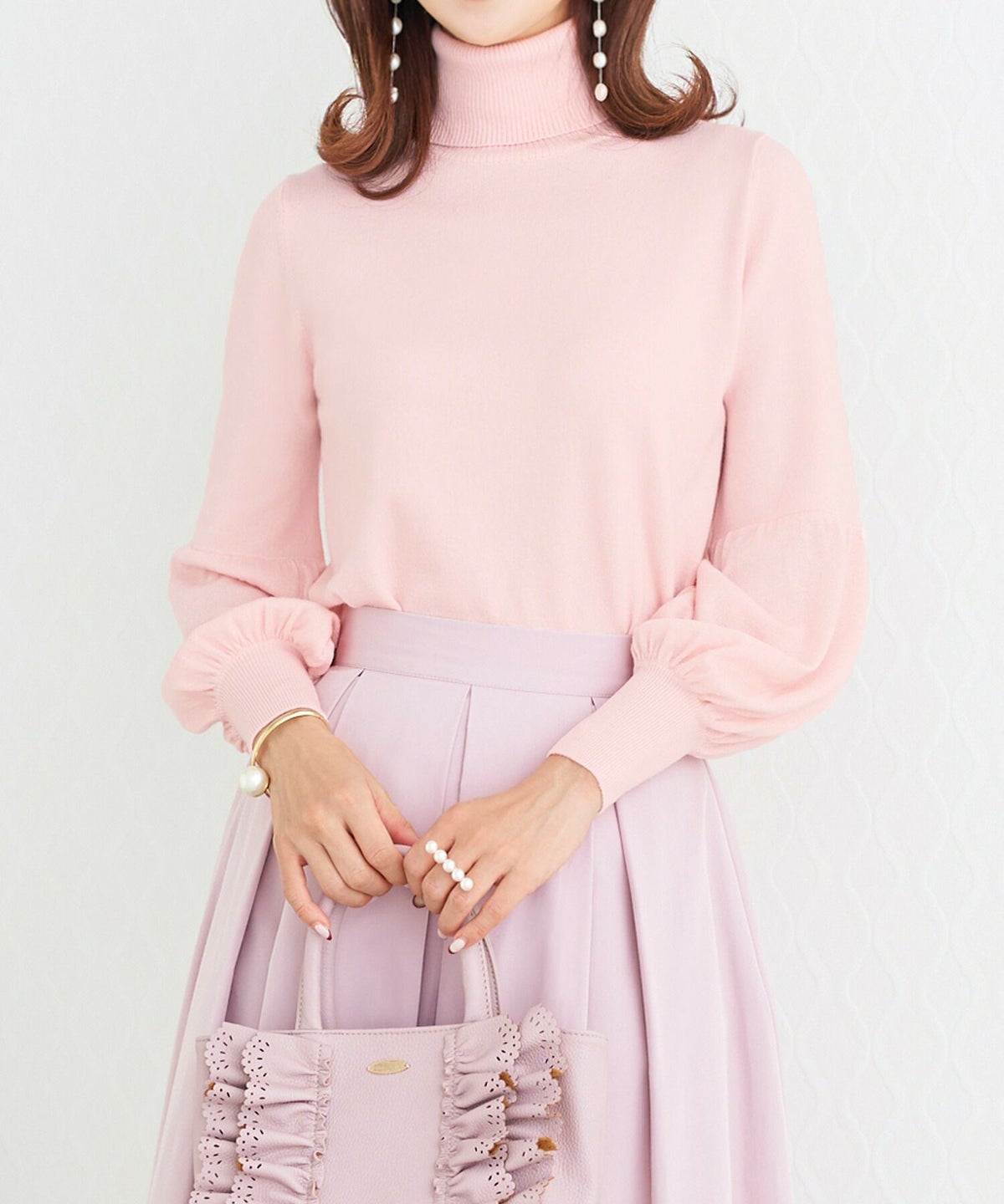 新色追加/プリマシェレル/PrimaScherrer/レディース/トップス/ニット/ハイゲージニット/羊毛/ぽわん袖/ボリュームスリーブ/タートルネック/ホワイト/ピンク/サックス/ブラック/マンダリンオレンジ/パステルカラー/秋/冬/春