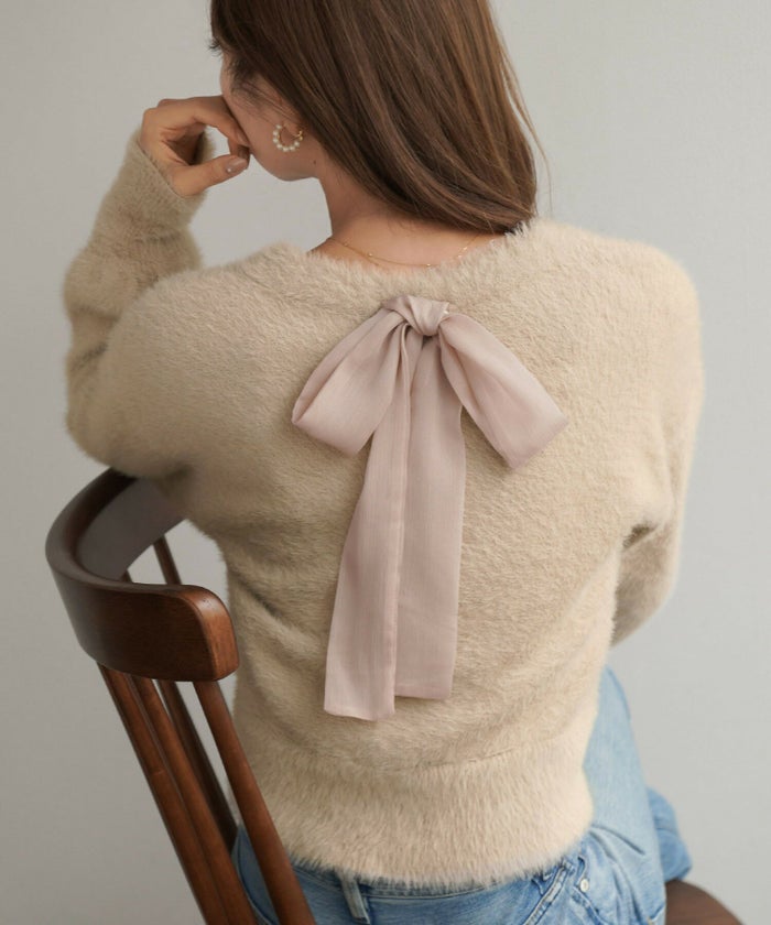 手洗い可/レディース/トップス/ニット/プルオーバー/カーディガン/フェザーニット/ボタンダウン/Vネック/リボン/シフォン/秋/冬/長袖/ベージュ/ブラウン/ブルー/