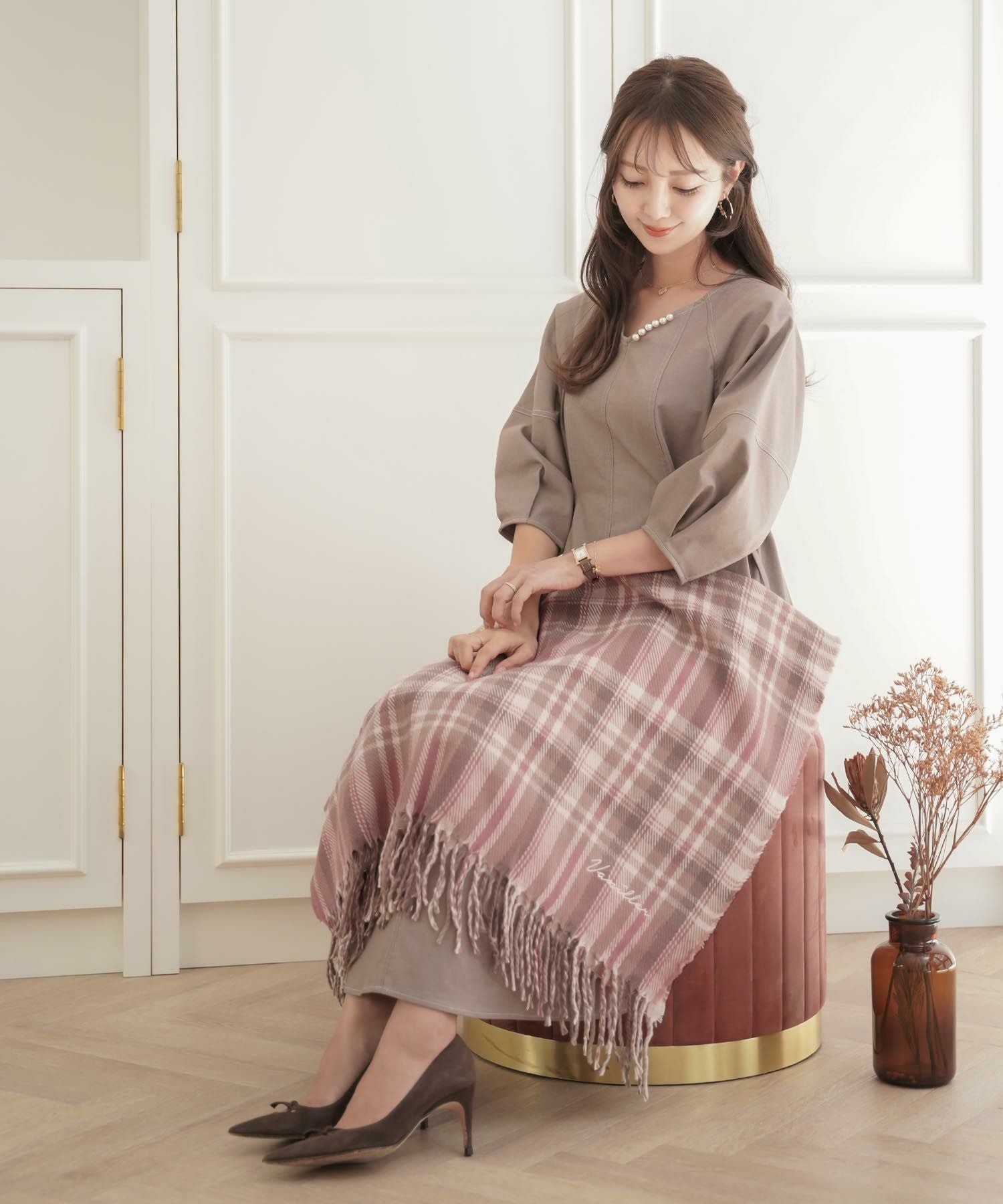 OUTLET-SALE ストールマフラー タータンチェック vanillerロゴ le reve