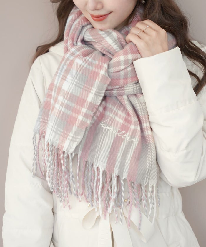 ストール/マフラー/チェック柄/タータンチェック/冬/刺繍/ロゴ/ピンク/ブラウン/キャメル/グレー/アイボリー