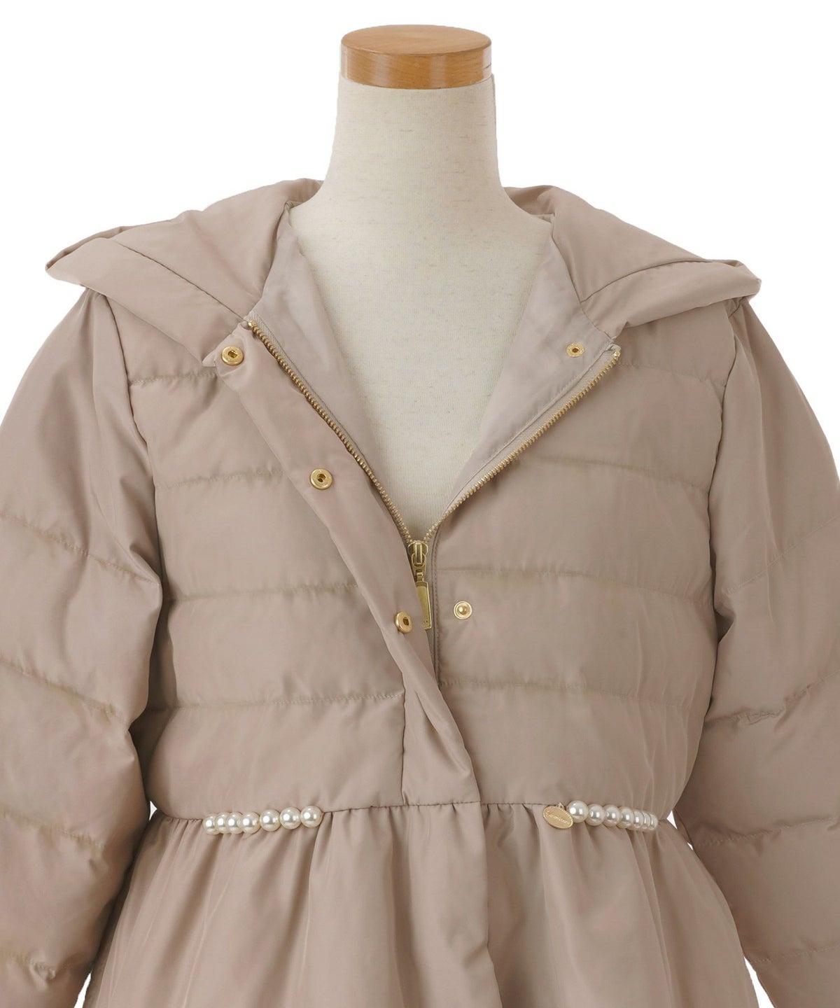 レディース/フェイクダウン/コート/アウター/冬/パール/ペプラム/フード/フ―ディー/長袖/ベージュ/ピンク/防寒/中綿/クラシカル/フェミニン/大人可愛い
