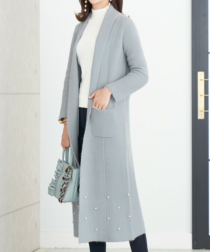 プリマシェレル/PrimaScherrer/レディース/トップス/ニット/ルーム/ホワイト/ブルーグレー/ブラック/パール/オープンフロント/ボタンレス/長袖/ふんわり/軽量/ショールカラー