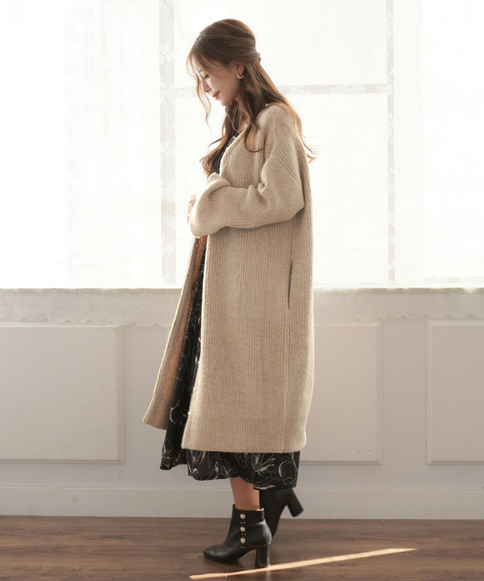 レディース/カーディガン/ニット/ロング丈/ロングカーディガン/パール/Vネック/ウール/秋/冬/長袖/ベージュ/グレー/