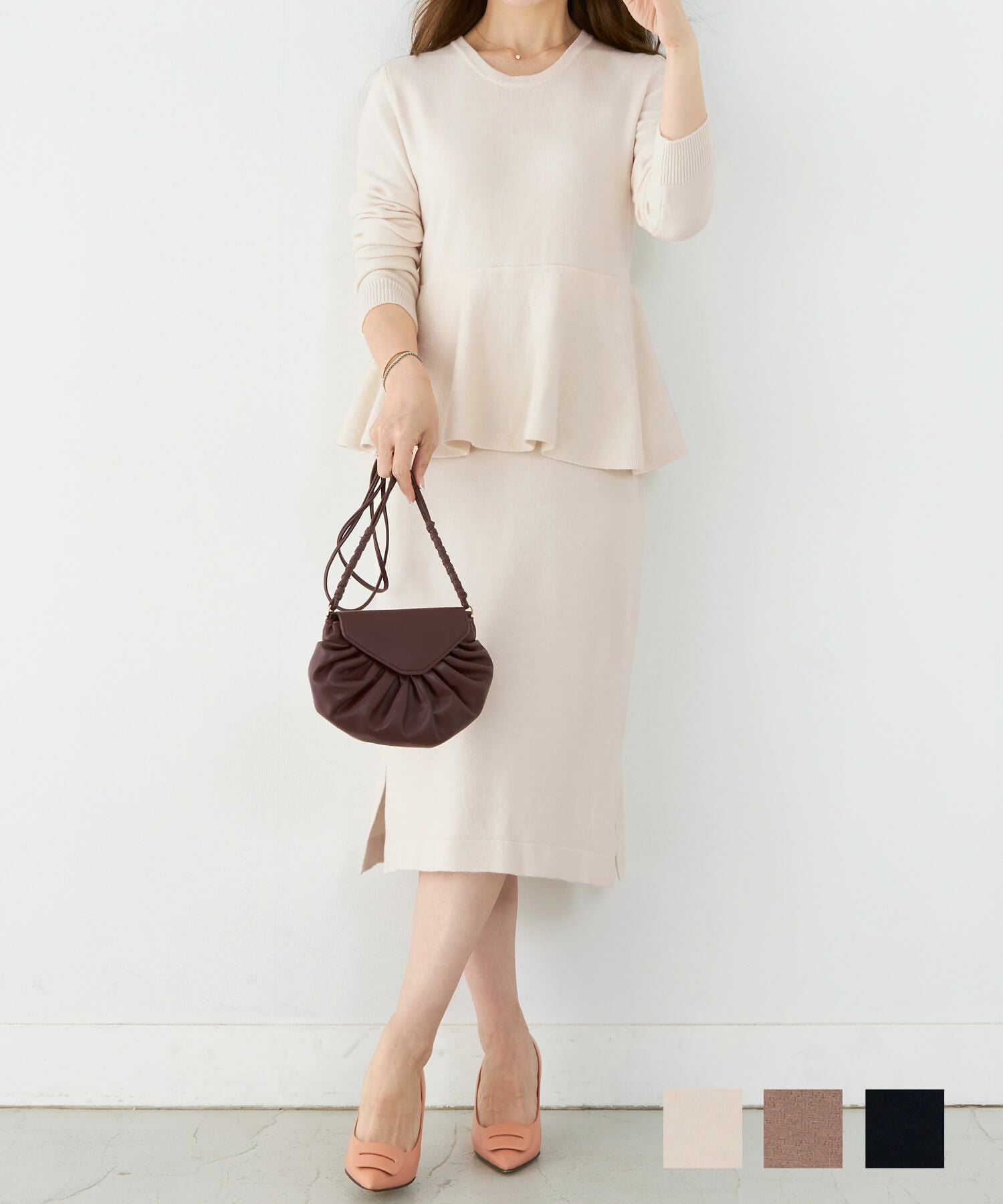 ニットワンピース ペプラム クルーネック Liala×PG 全3色｜lpg312-1320