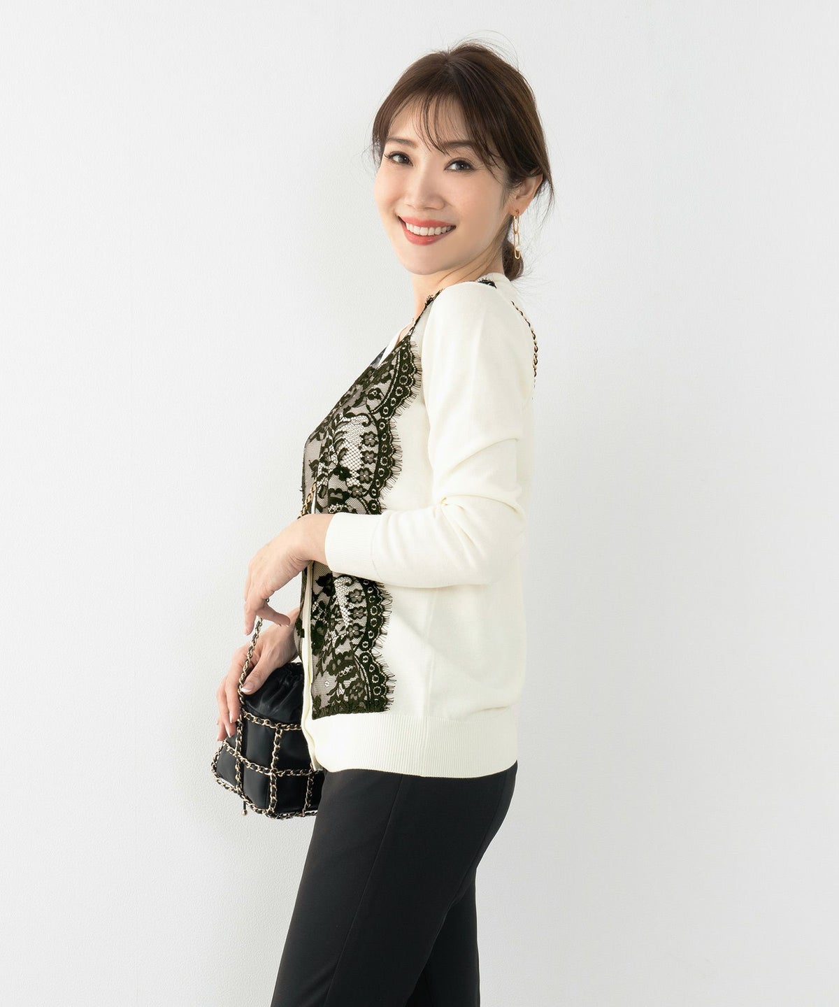 Vネック/バイカラー/レース/長袖/くるみボタン/S/M