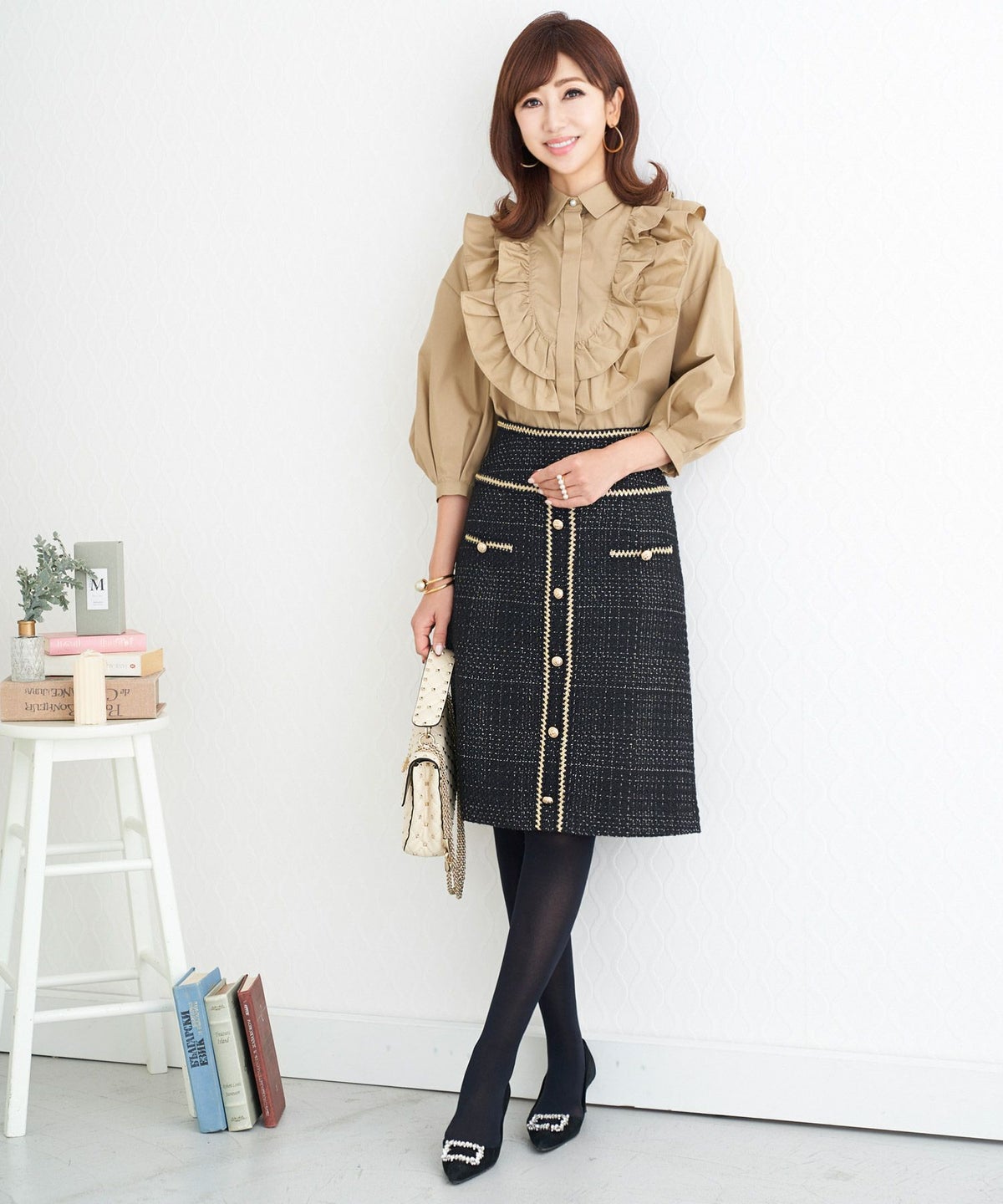 プリマシェレル/PrimaScherrer/ゴールド/ボタン/ライン/エレガント/上品/S/M/秋/冬/ホワイト/ミックス/ブラック/台形スカート