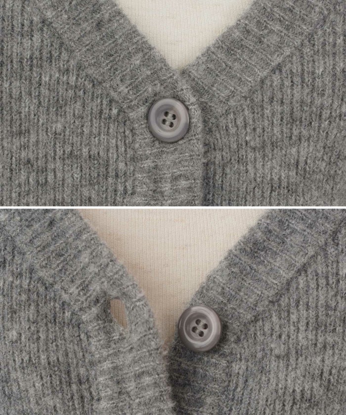 レディース/トップス/ニット/カーディガン/パール/リボン/Vネック/ウエストマーク/スリット/秋/冬/長袖/グレー/ブラック