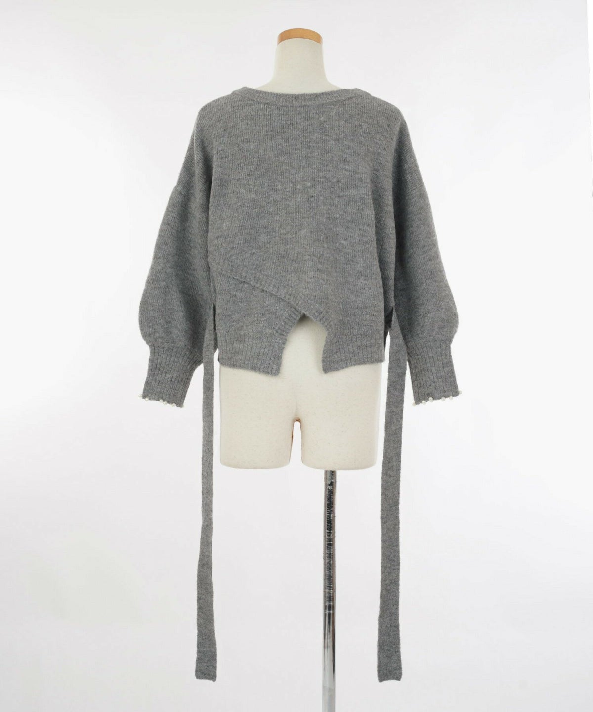 レディース/トップス/ニット/カーディガン/パール/リボン/Vネック/ウエストマーク/スリット/秋/冬/長袖/グレー/ブラック