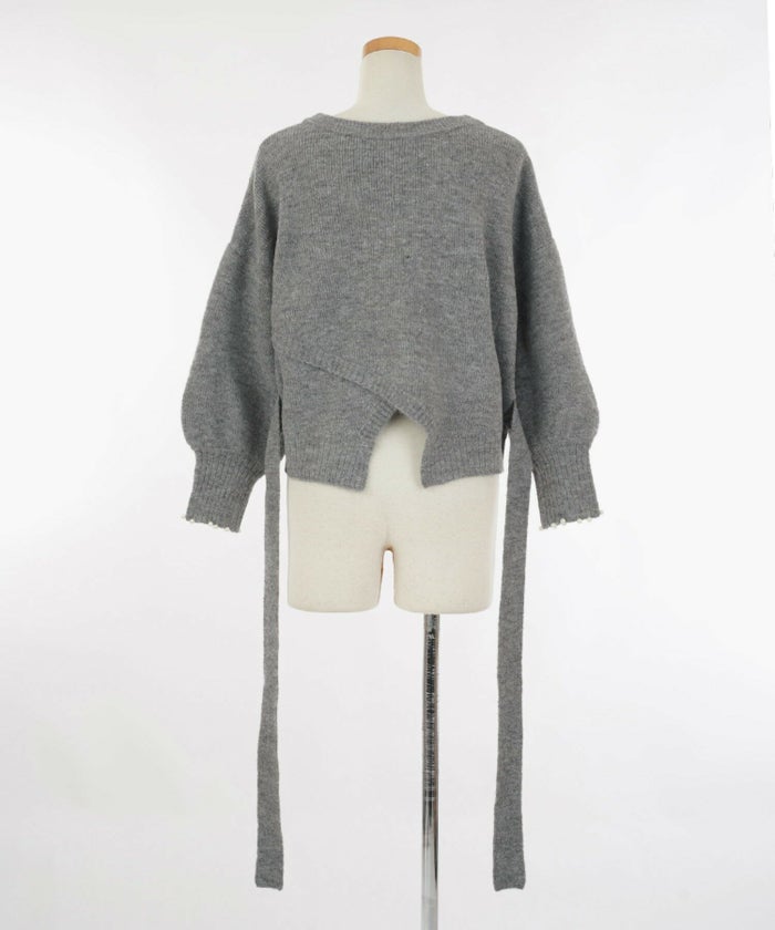 レディース/トップス/ニット/カーディガン/パール/リボン/Vネック/ウエストマーク/スリット/秋/冬/長袖/グレー/ブラック