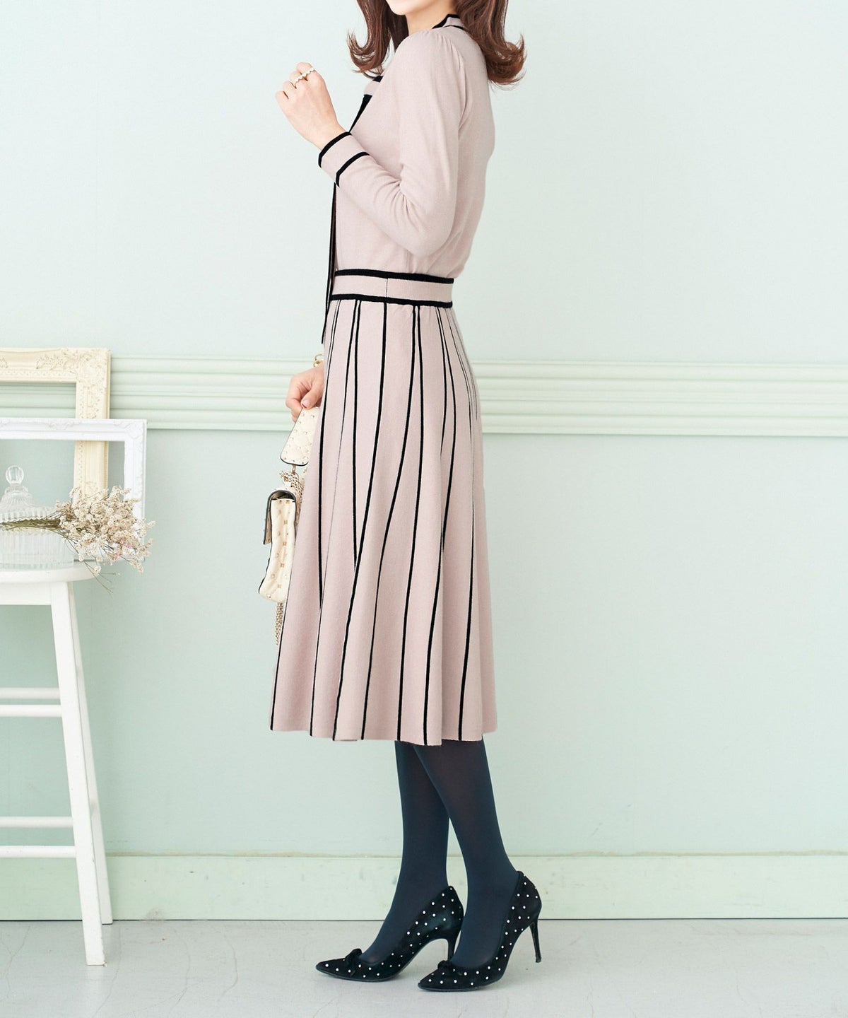 セットアップ対応/フレア/膝下/ストライプ/S/M/プリマシェレル/PrimaScherrer/レディース/ピンクベージュ/ブラック/上品/エレガント/クラシカル