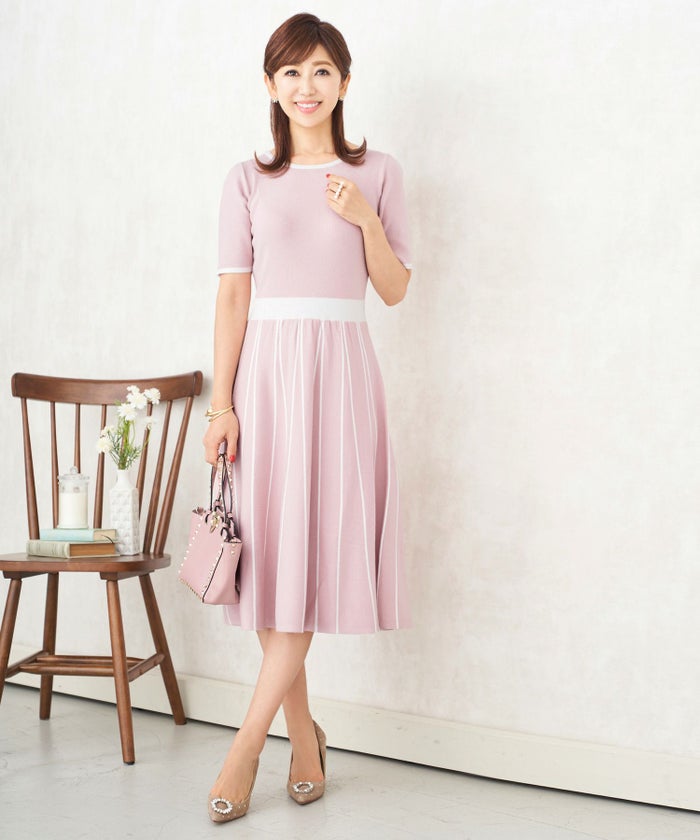 新色追加/プリマシェレル/PrimaScherrer/レディース/ワンピ/ニット/ハイゲージニット/ピンク/ピンクベージュ/ブラックオケージョン/半袖/ストライプ/フィット＆フレア/クラシカル/セットアップ対応/S/M