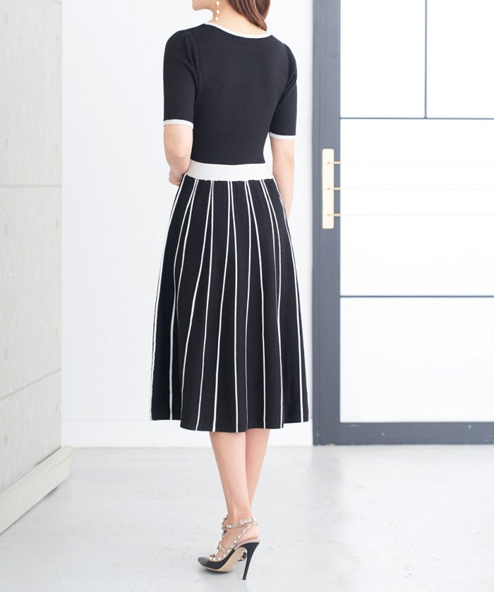 新色追加/プリマシェレル/PrimaScherrer/レディース/ワンピ/ニット/ハイゲージニット/ピンク/ピンクベージュ/ブラックオケージョン/半袖/ストライプ/フィット＆フレア/クラシカル/セットアップ対応/S/M