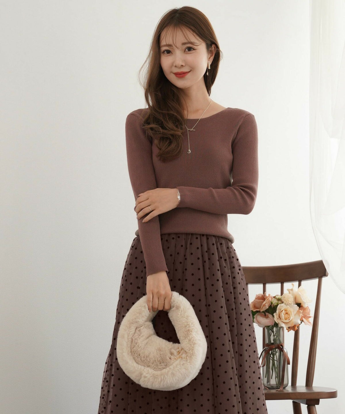 レディース/トップス/ニット/プルオーバー/リブ/ラウンドネック/Uネック/シンプル/長袖/ネックレス/三日月/星/アイボリー/グリーン/ブラウン/ネイビー