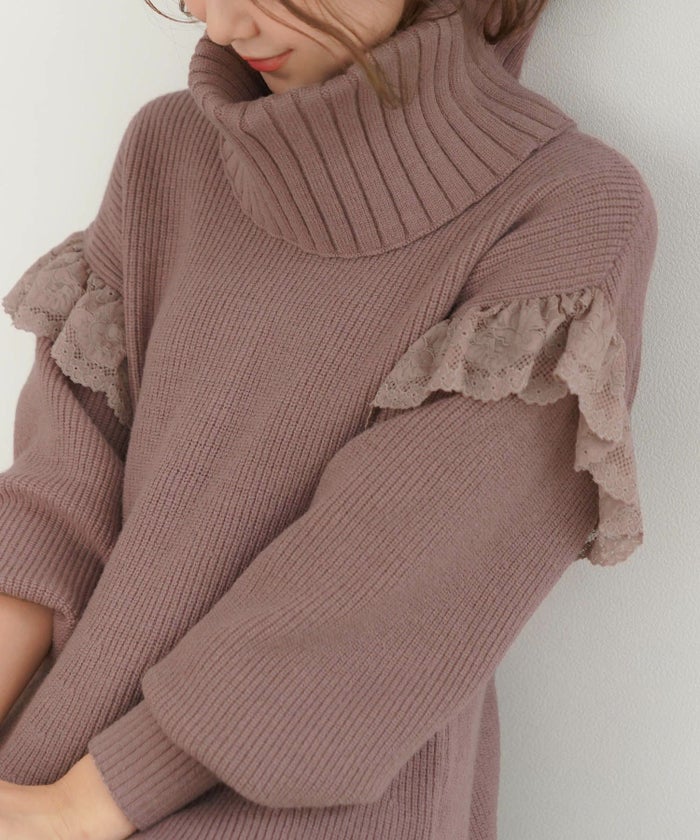 レディース/トップス/ニット/カーディガン/タートル/レース/Vネック/ルームウェア/ワンマイルウェア/3way/前後着用可/冬/長袖/ベージュ/ブラウン/