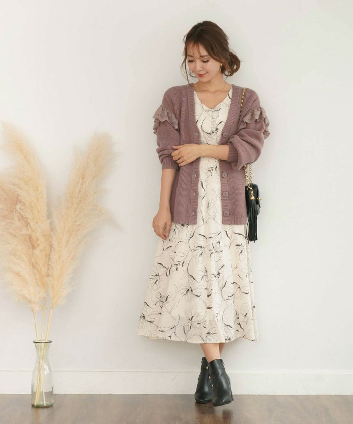 レディース/トップス/ニット/カーディガン/タートル/レース/Vネック/ルームウェア/ワンマイルウェア/3way/前後着用可/冬/長袖/ベージュ/ブラウン/