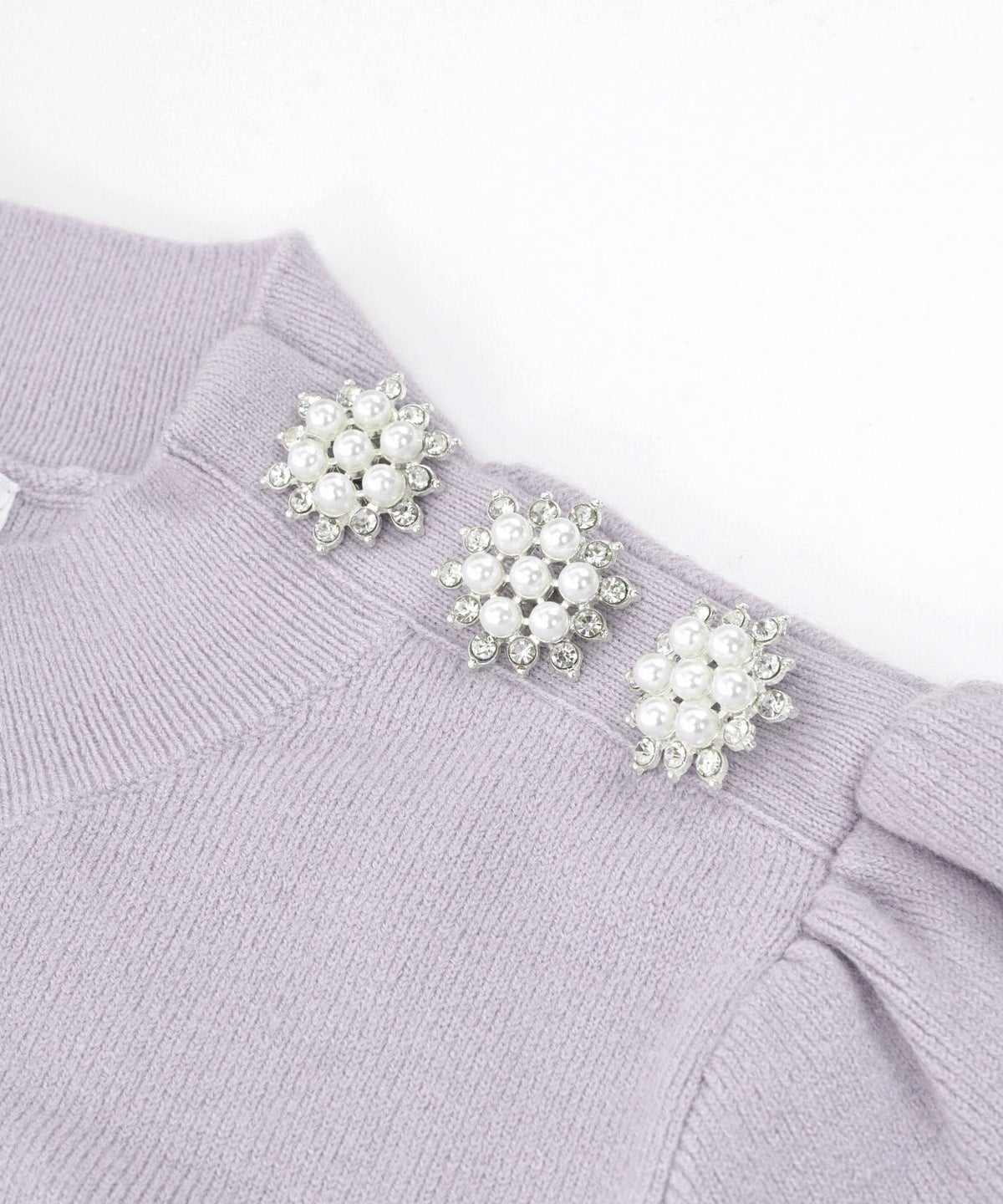 長袖/膝下丈/パフスリーブ/ストライプ/フレア/S/M/プリマシェレル/PrimaScherrer/レディース/ワンピース/ニット/ハイゲージニット/ベビーピンク/ラベンダー/ブラック/飾り釦