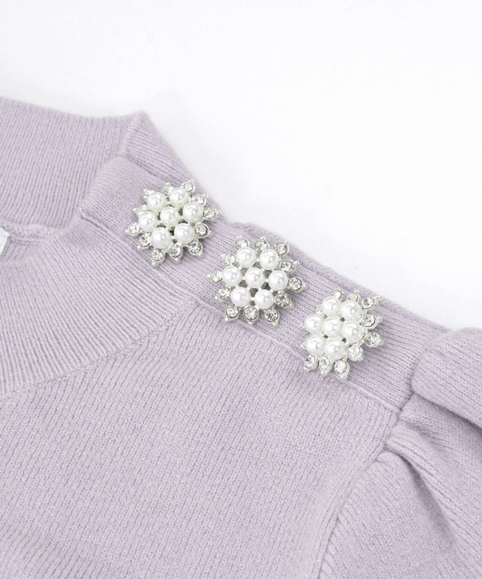 長袖/膝下丈/パフスリーブ/ストライプ/フレア/S/M/プリマシェレル/PrimaScherrer/レディース/ワンピース/ニット/ハイゲージニット/ベビーピンク/ラベンダー/ブラック/飾り釦