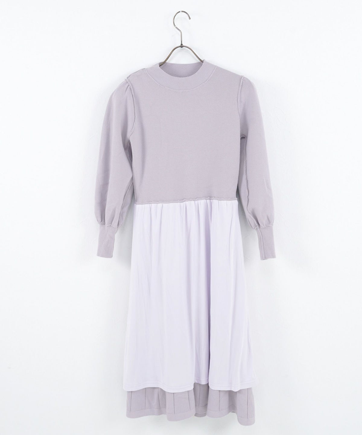 長袖/膝下丈/パフスリーブ/ストライプ/フレア/S/M/プリマシェレル/PrimaScherrer/レディース/ワンピース/ニット/ハイゲージニット/ベビーピンク/ラベンダー/ブラック/飾り釦