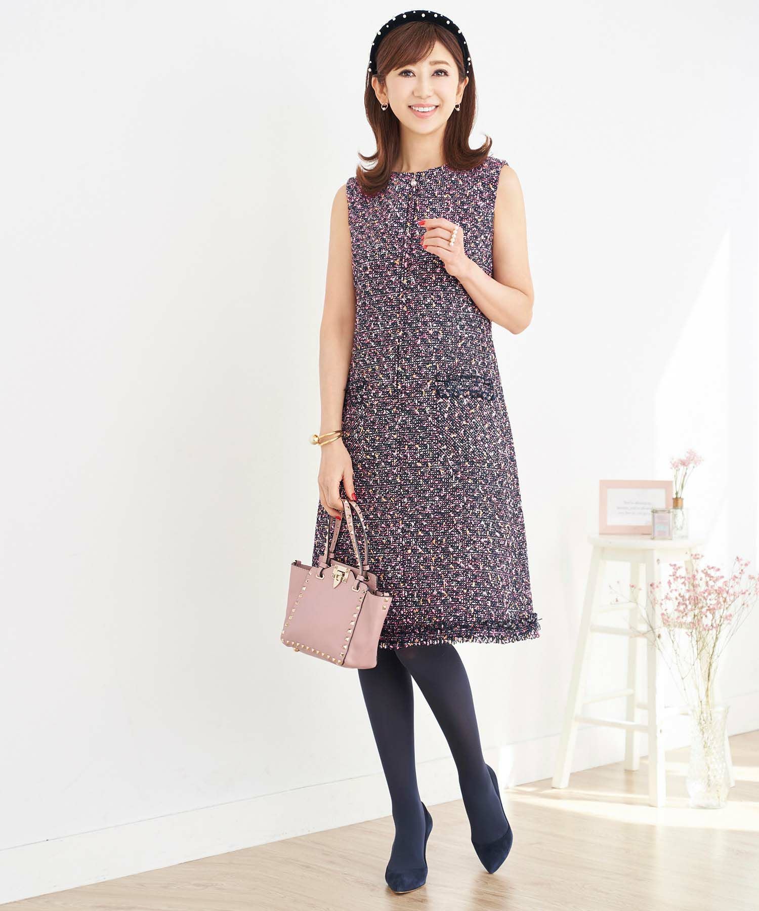 新品　シスタージェーン　ツイードワンピース　ボウタイ　パフスリーブ　パープル jacquard piping dress【sax】 – BUNNY APARTMENT