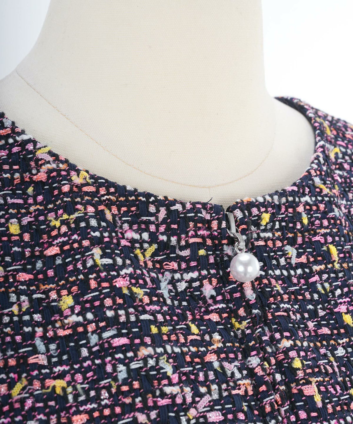 プリマシェレル/PrimaScherrer/レディース/ポケット/ジャンパースカート/MIXツイード/ノースリーブ/フリンジ/パール/S/M/裾フリンジ/ファンシーツイード/カラフル/ネイビー/ピンク