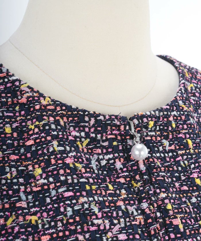 プリマシェレル/PrimaScherrer/レディース/ポケット/ジャンパースカート/MIXツイード/ノースリーブ/フリンジ/パール/S/M/裾フリンジ/ファンシーツイード/カラフル/ネイビー/ピンク