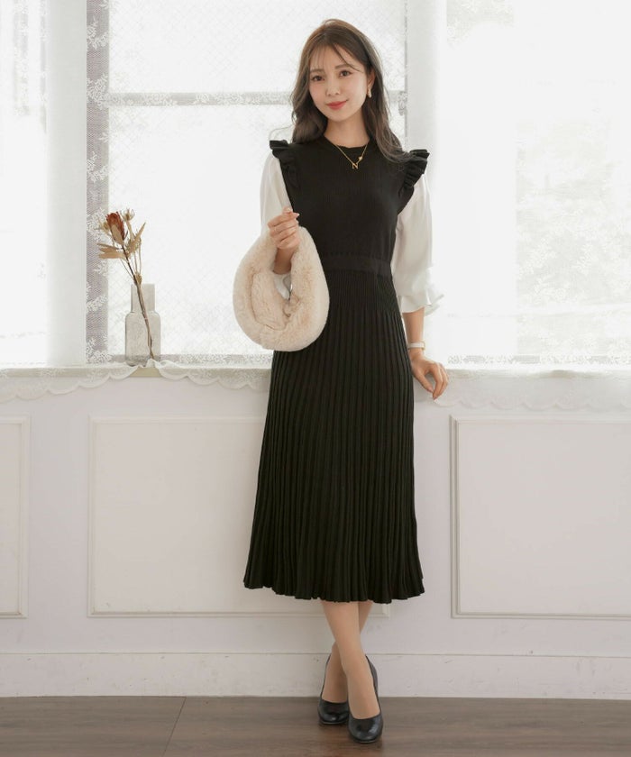 ワンピース/ニット/ニットワンピース/異素材/ブラウス/フリル