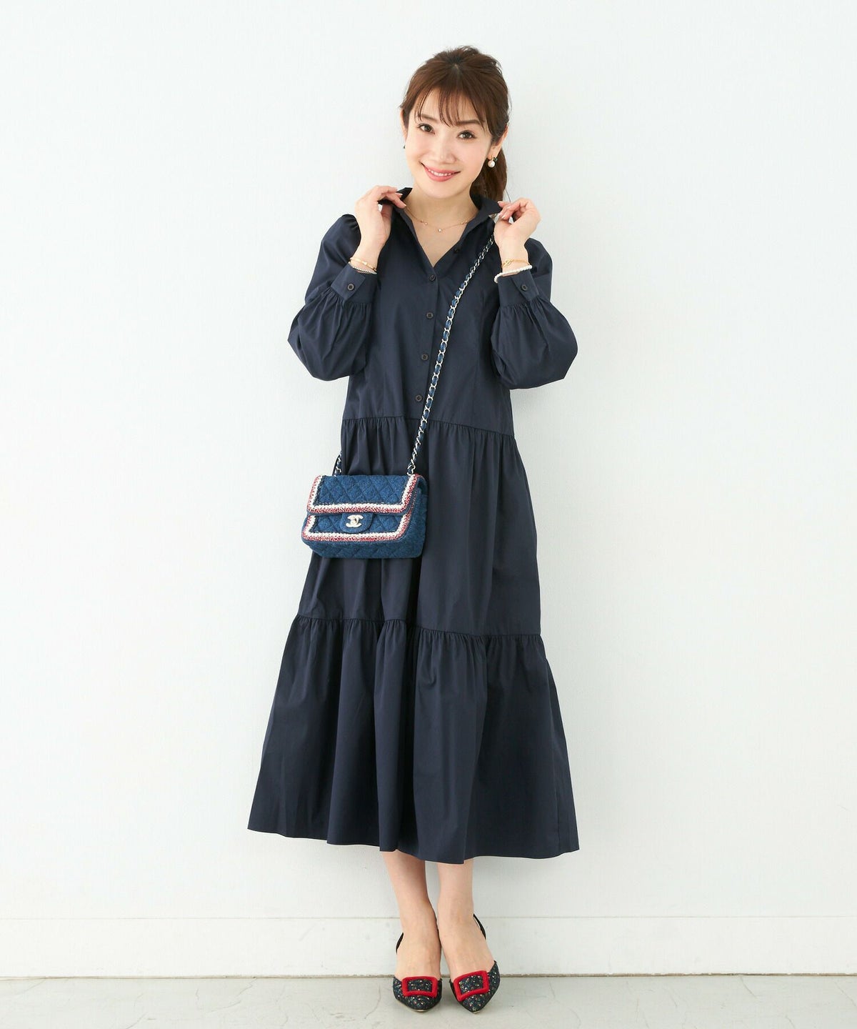 手洗い可/シャツワンピ/襟付き/パフスリーブ/フロントボタン/授乳/膝下丈