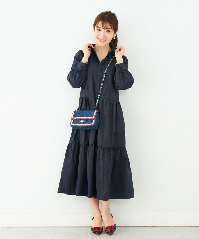 手洗い可/シャツワンピ/襟付き/パフスリーブ/フロントボタン/授乳/膝下丈