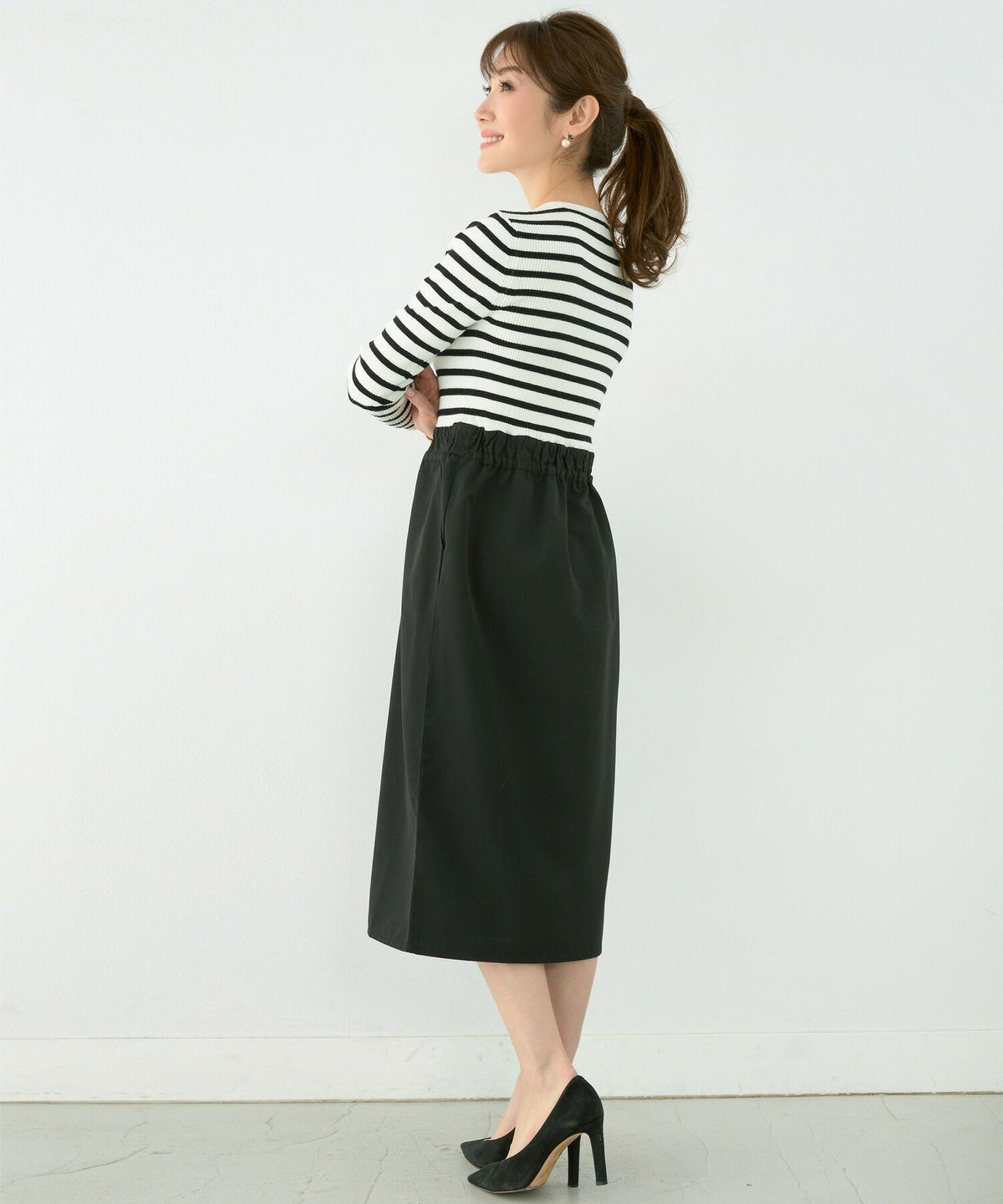 ワンピ/ボーダー/9分袖/ポケット/タイト/S/M