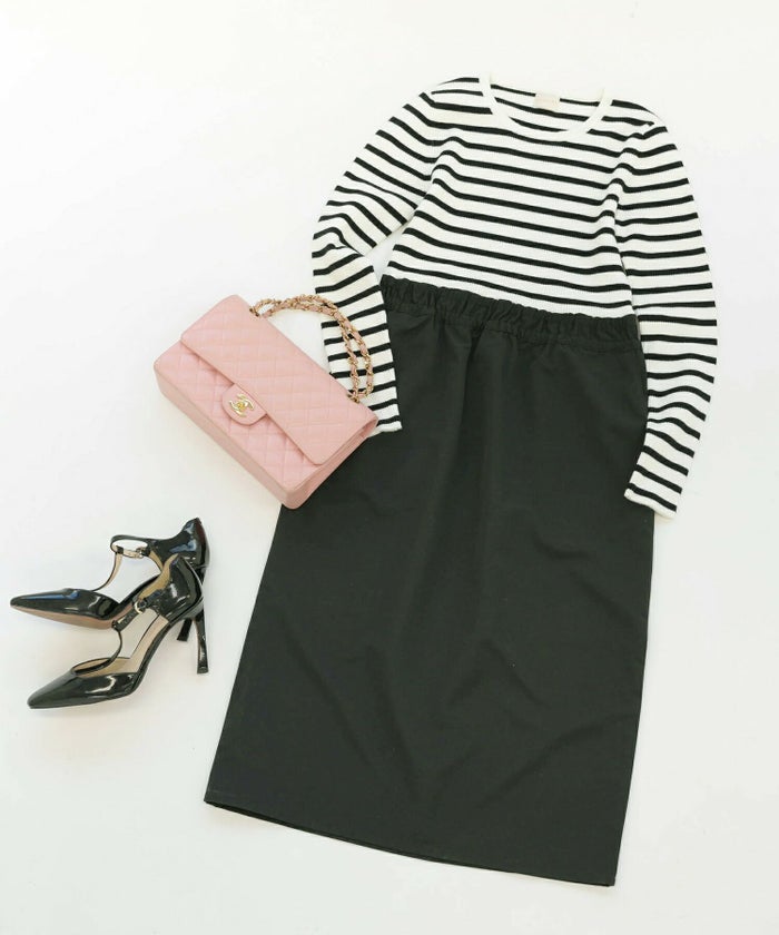 ワンピ/ボーダー/9分袖/ポケット/タイト/S/M