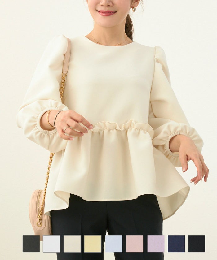新色 newcolor 大人気 手洗い可 プルオーバー パフ袖 イレヘム ふんわりシルエット 春 夏 秋 パフスリーブ 8分袖 ペプラム ブラウス Liala×PG
