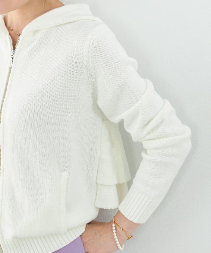 手洗い可/2段ペプラム/バックフリル/長袖/ミドルゲージ/袖口リブ/裾リブ/ポケット/フード/パーカー/フーディ/大人カジュアル/大人可愛い/ニットパーカー/ライトグレー/ホワイト/ネイビー