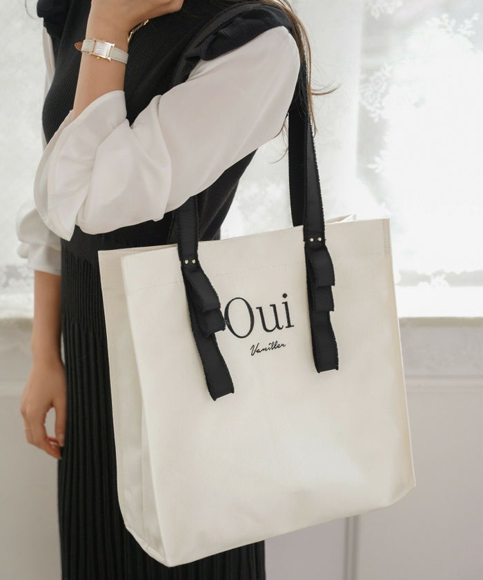 バッグ/トートバッグ/マザーズバッグ/ショルダーバッグ/キャンバスバッグ/通勤/通学/ママ/リボン/グログランリボン/ロゴ/刺繍/A4/フェミニン/きれいめ/カジュアル/アイボリー/グレージュ/ブラック