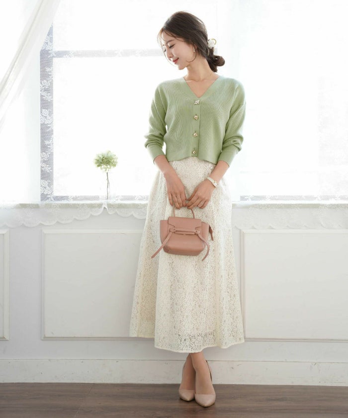 レディース/スカート/ボトムス/マーメイドスカート/レース/パール/膝下丈/ミモレ丈/総レース/春/秋/アイボリー/ベージュ/ピンク/グレー/