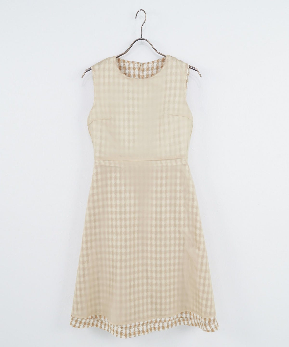 ノースリーブ/ギンガムチェック/フロントポケット/上品/S/M/プリマシェレル/PrimaScherrer/レディース/ベージュ/ライトグリーン/ブラック/チェック/エレガント/ツイードワンピース/きれいめ/春/夏/オールシーズン