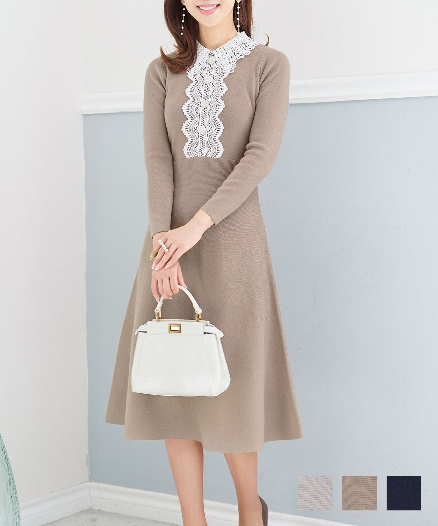 ニット ワンピース ケミカルレース 襟付き Prima Scherrer 全3色