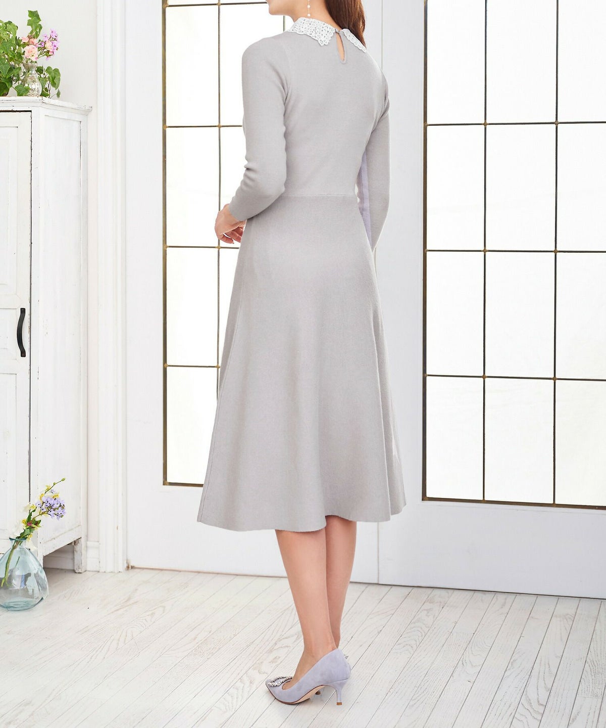 クラシカル/パールボタン/レース/フィット＆フレア/S/M/プリマシェレル/PrimaScherrer/レディース/グレー/モカ/ネイビー/エレガント/上品/キレイめ/9分袖/レースカラー/配色/配色レース